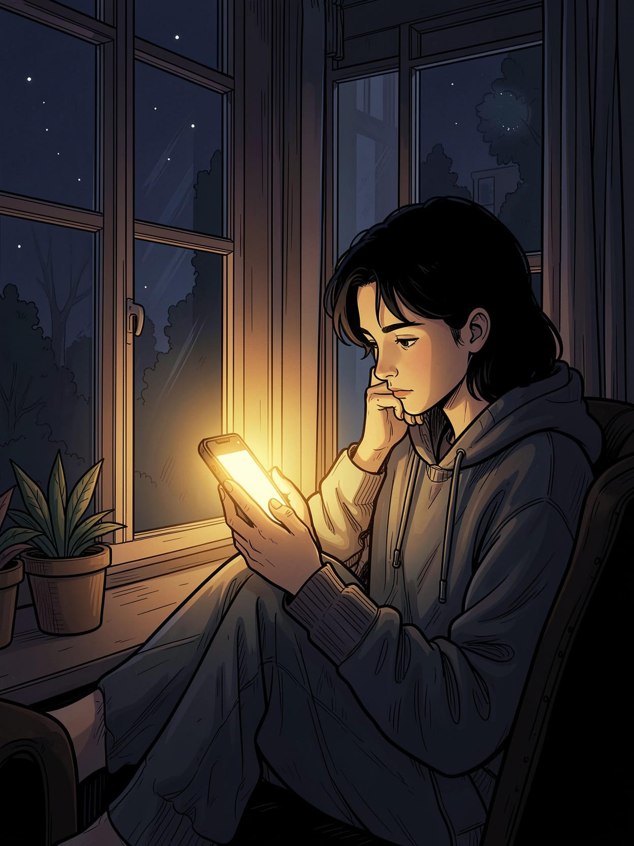 深夜窗邊，一個人靜靜睇住發光嘅電話