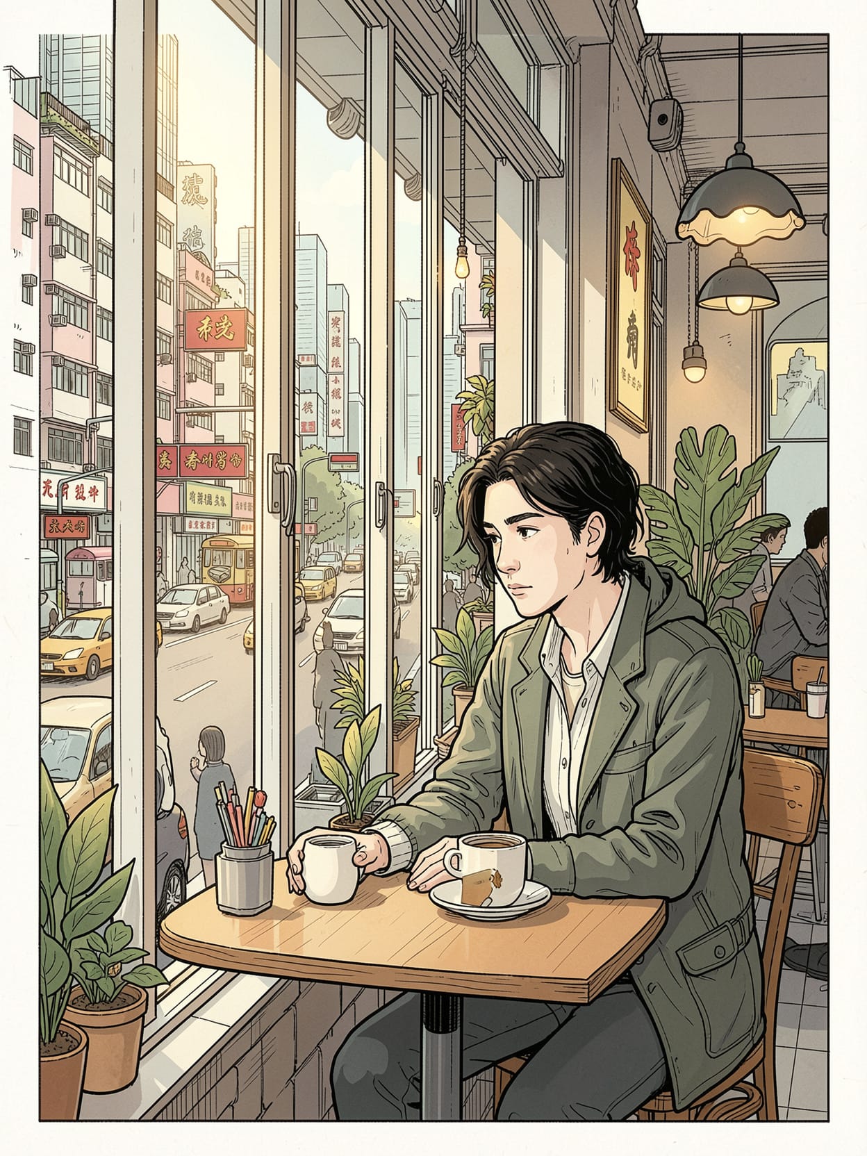 茶餐廳卡位，一個人望住窗外嘅香港街景